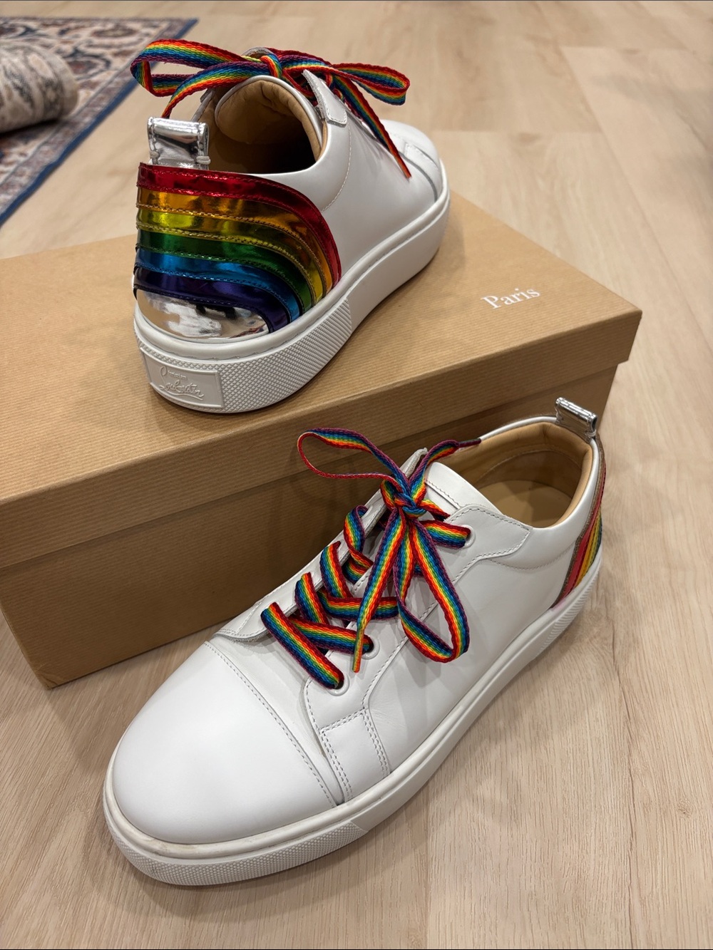 Christian Louboutin White Leather Sneakers with Rainbow Laces